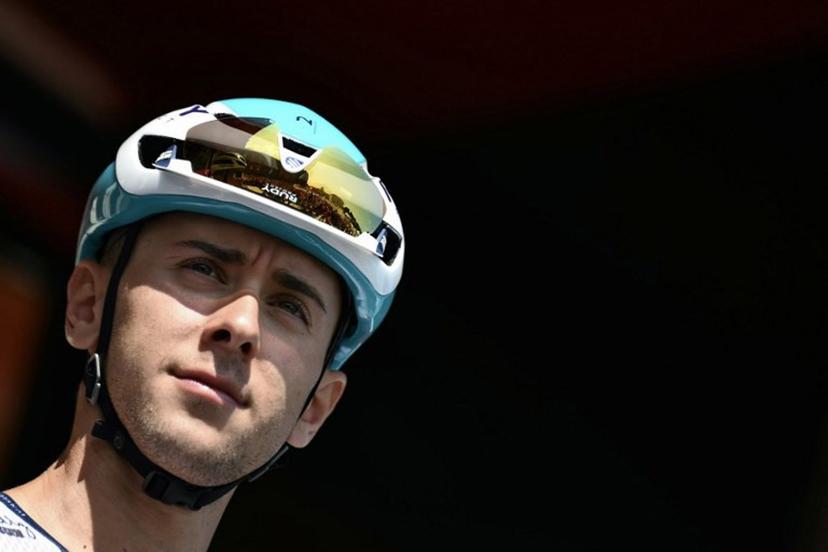 Team Bahrain's Italian rider Antonio Tiberi is presented on stage before the start of the Vuelta a Espana, a 183 km race between Torino - Reggia di Venaria and Novara, in Italy's Piemonte region, on August 23, 2025.    Marco BERTORELLO / AFP