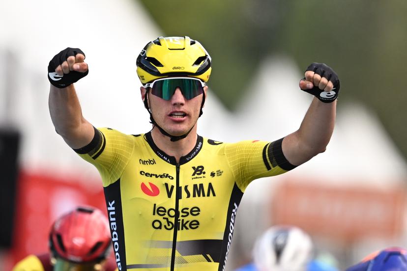 Dutch Olav Kooij of Team Visma-Lease a Bike celebrates after winning the second stage of the 'Renewi Tour' multi-stage cycling race, from Blankenberge to Ardooie (169,4 km) on Thursday 21 August 2025. The five-day race takes place in Belgium and the Netherlands.  BELGA PHOTO DAVID PINTENS