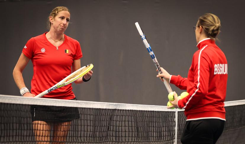 Belgian Magali Kempen, and Belgian Kirsten Flipkens pictured during a training session ahead of the meeting between Greece and Belgium, in the qualifiers of the Billie Jean King Cup tennis, in Vilnius, Lithuania on Monday 07 April 2025. PHOTO VIRGINIE LEFOUR