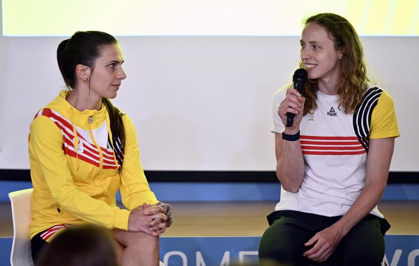 Athlete Hanne Desmet and Athlete Noor Vidts pictured during the annual training camp of Team Belgium (19-25/05), in Rio Maior, Portugal, Friday 23 May 2025. BELGA PHOTO ERIC LALMAND