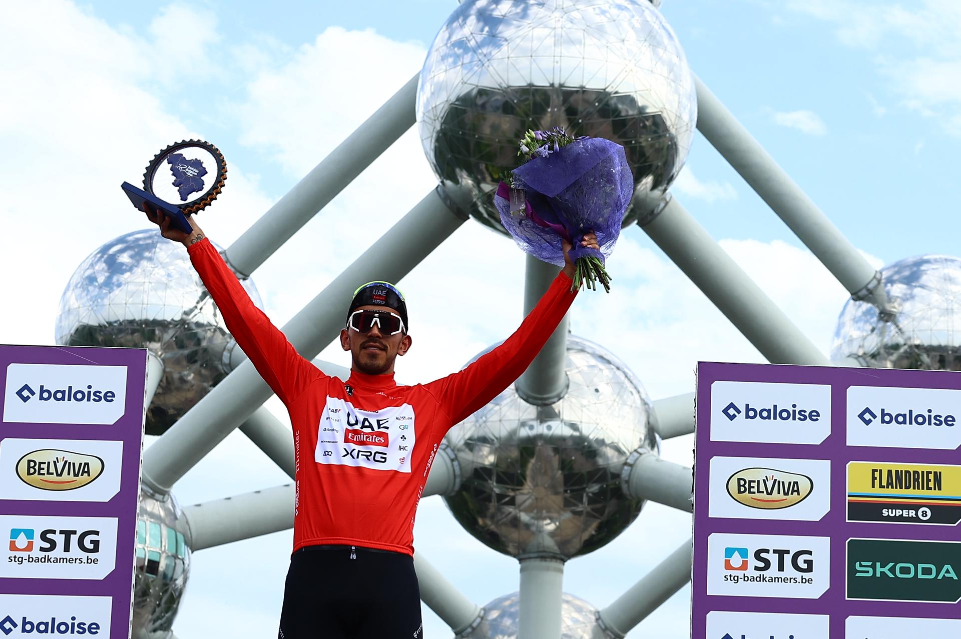 Italian Filippo Baroncini of UAE Team Emirates pictured on the podium after stage 5, the last stage of the Baloise Belgium Tour cycling race, from and to Brussels (183,2 km), Sunday 22 June 2025. The Baloise Belgium Tour takes place from 18 to 22 June. BELGA PHOTO DAVID PINTENS