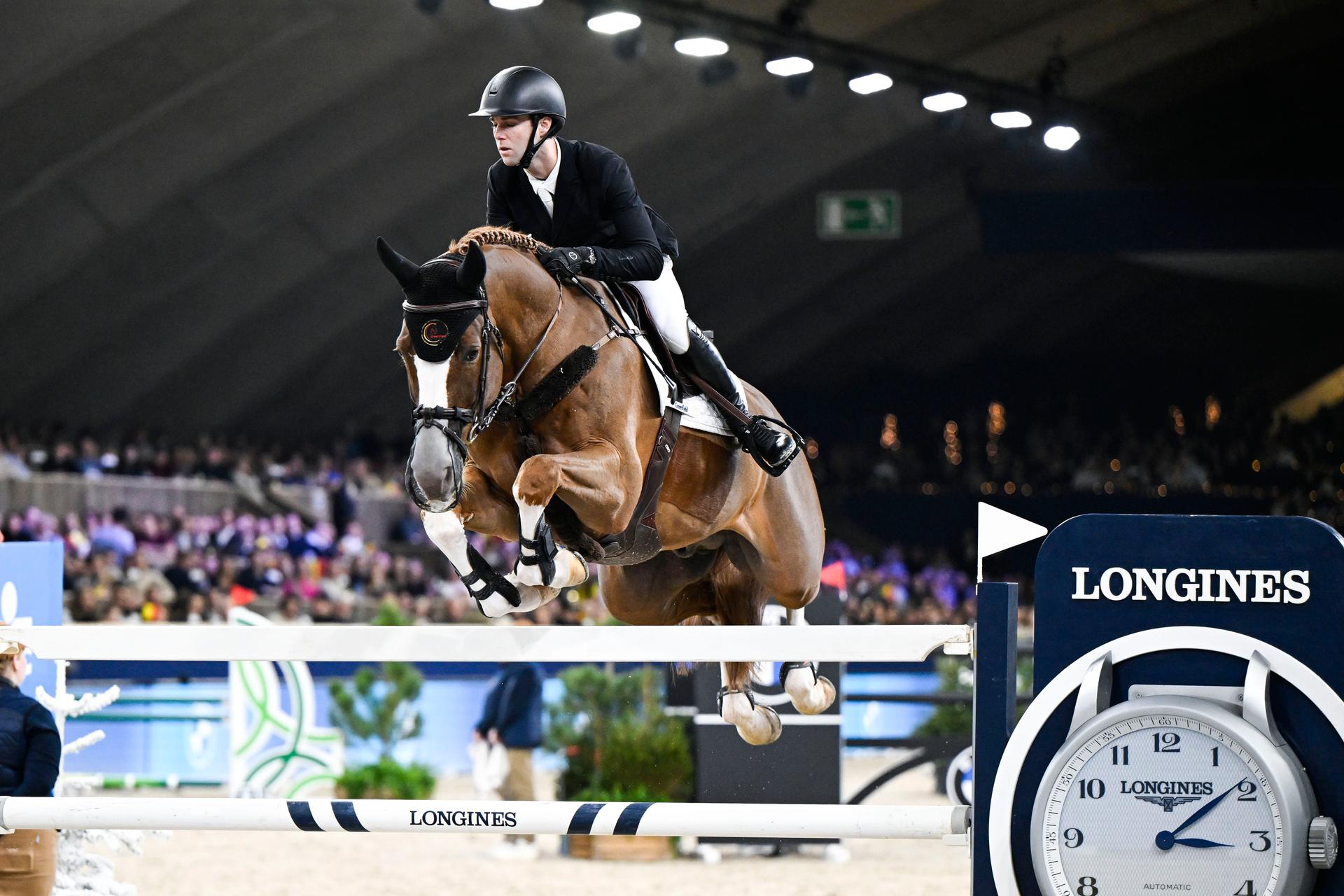 Belgian rider Gilles Thomas with Ermitage Kalone pictured in action during the FEI World Cup Jumping competition at the 'Vlaanderens Kerstjumping - Memorial Eric Wauters' equestrian event in Mechelen on Monday 30 December 2024. BELGA PHOTO TOM GOYVAERTS