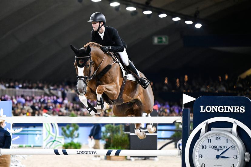 Belgian rider Gilles Thomas with Ermitage Kalone pictured in action during the FEI World Cup Jumping competition at the 'Vlaanderens Kerstjumping - Memorial Eric Wauters' equestrian event in Mechelen on Monday 30 December 2024. BELGA PHOTO TOM GOYVAERTS