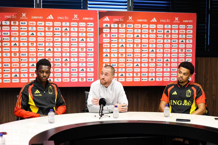 Belgium's Jesse Bisiwu; Belgium's U21 head coach Gil Swerts and Belgian Lucas Noubi pictured during a press conference of the Red Devils U21 youth team, the Belgian youth national soccer team, at the national training center in Tubize, Wednesday 23 September 2026. The team is preparing for fixtures in the Euro 2027 qualifiers games. BELGA PHOTO BRUNO FAHY