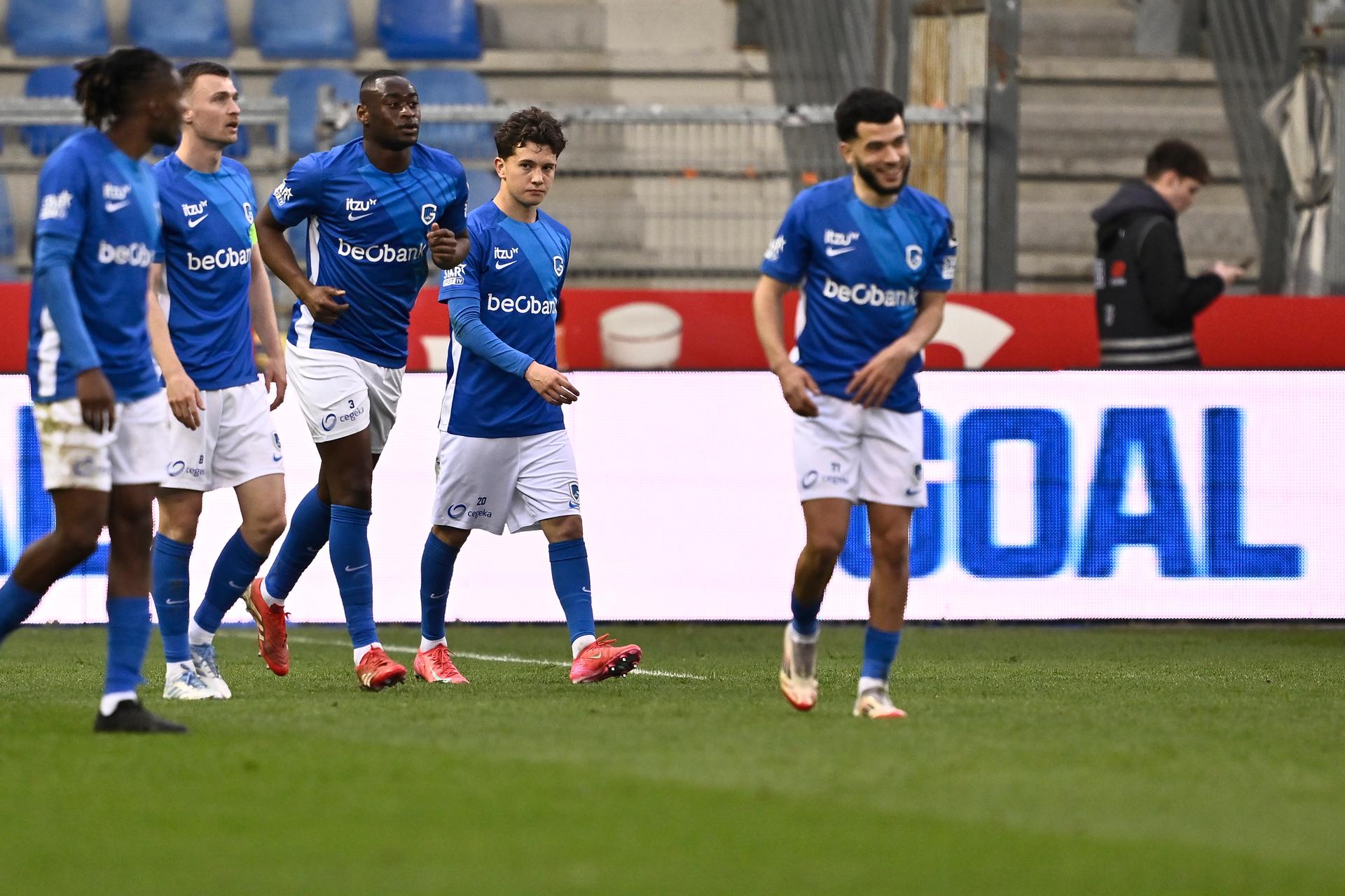Genk's Konstantinos Kos Karetsas scores a goal during a soccer match between KRC Genk and KAA Gent, Sunday 30 March 2025 in Gent, on day 1 (out of 10) of the Champions' Play-offs of the 2024-2025 'Jupiler Pro League' first division of the Belgian championship. BELGA PHOTO JOHAN EYCKENS