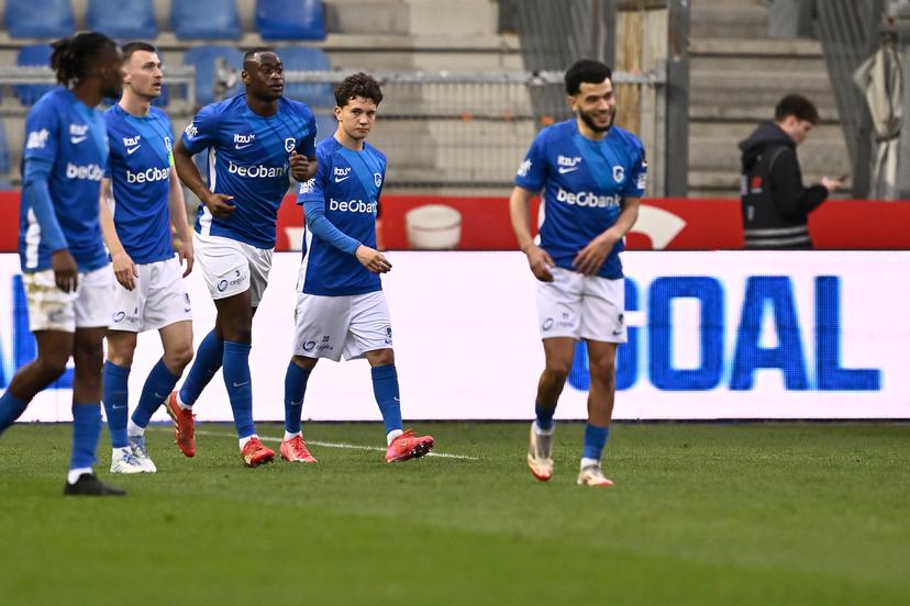 Genk's Konstantinos Kos Karetsas scores a goal during a soccer match between KRC Genk and KAA Gent, Sunday 30 March 2025 in Gent, on day 1 (out of 10) of the Champions' Play-offs of the 2024-2025 'Jupiler Pro League' first division of the Belgian championship. BELGA PHOTO JOHAN EYCKENS