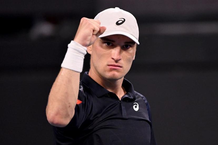 Belgium's Raphael Collignon reacts to a point against Bulgaria's Grigor Dimitrov during their men's singles match at the Brisbane International tennis tournament in Brisbane on January 8, 2026.  William WEST / AFP