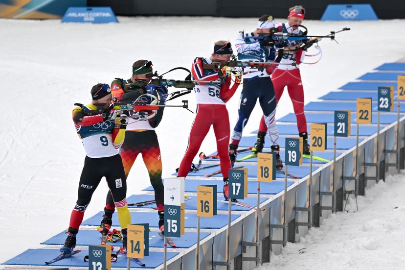 Belgian biathlete Thierry Langer (L) pictured in action during the Biathlon Men's 20km Individual competition at the Anterselva Biathlon Arena in Cortina, part of the Milano Cortina 2026 Olympic Winter Games, on Tuesday 10 February 2026, Italy. The XXV Winter Olympics take place from 6 to 22 February 2026 in Italy. BELGA PHOTO ANTHONY BEHAR - BENELUX ONLY