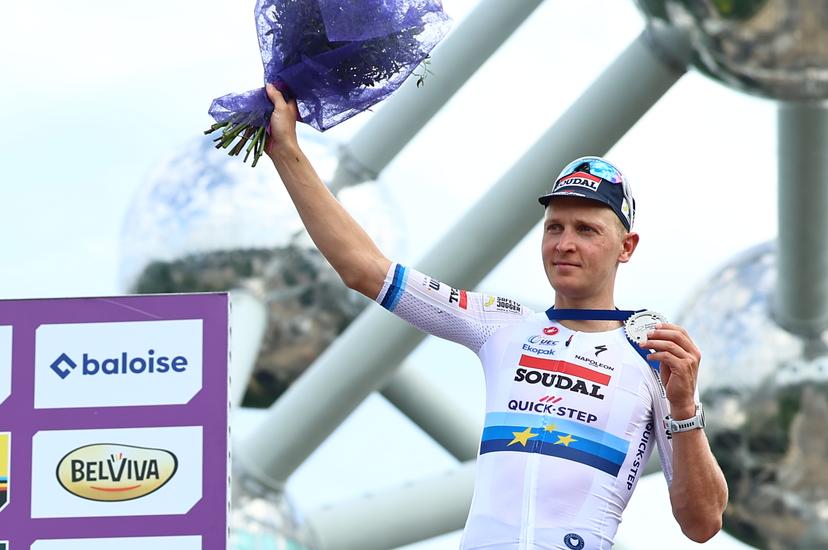 Belgian Tim Merlier of Soudal Quick-Step celebrates on the podium after winning stage 5, the last stage of the Baloise Belgium Tour cycling race, from and to Brussels (183,2 km), Sunday 22 June 2025. The Baloise Belgium Tour takes place from 18 to 22 June. BELGA PHOTO DAVID PINTENS
