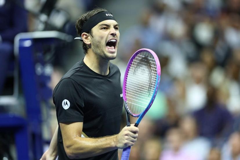 USA's Taylor Fritz reacts to a point during the men's singles quarterfinal tennis match against Serbia's Novak Djokovic on day ten of the US Open tennis tournament at the USTA Billie Jean King National Tennis Center in New York City, on September 2, 2025.  CHARLY TRIBALLEAU / AFP