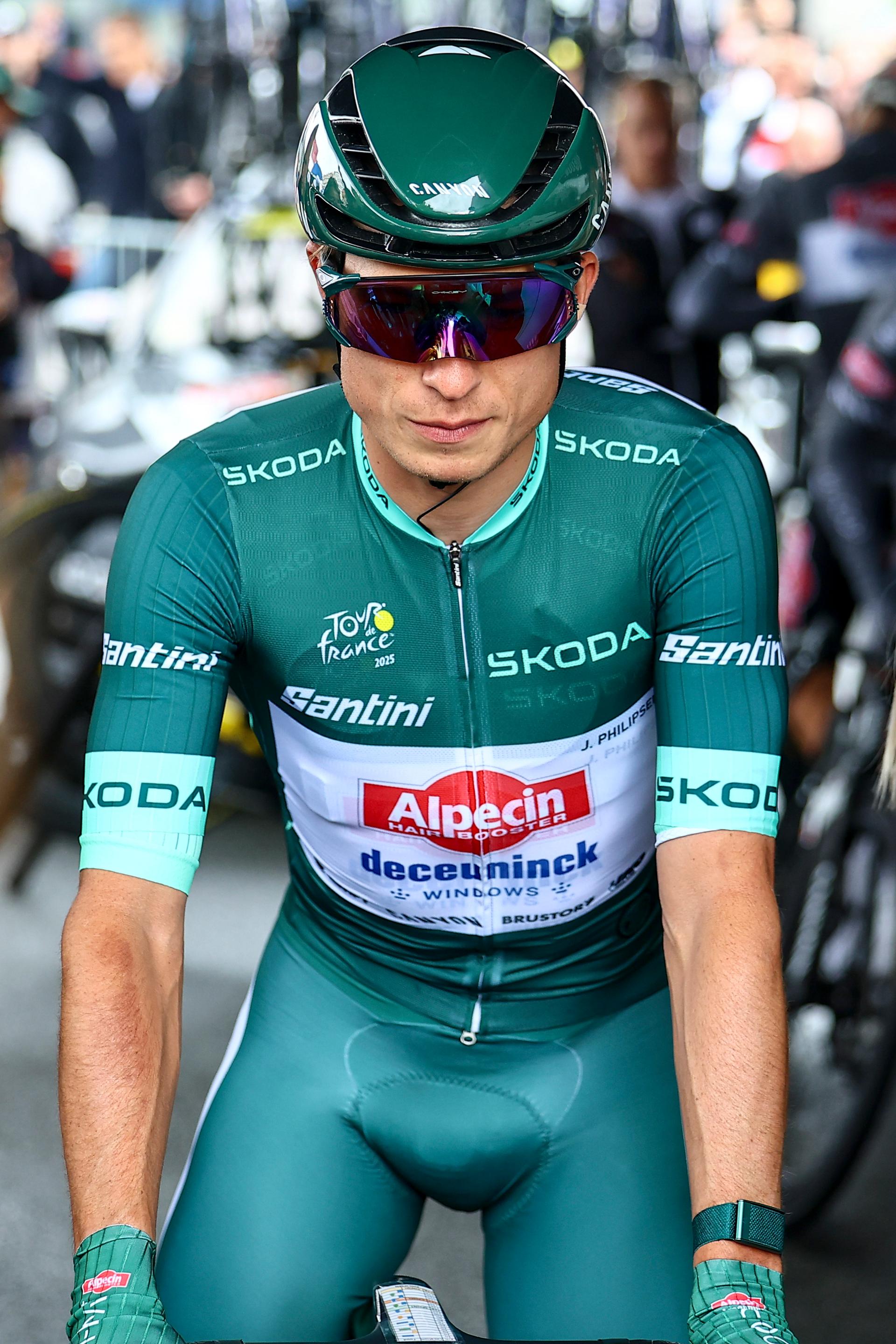 Belgian Jasper Philipsen of Alpecin-Deceuninck wearing the green jersey pictured at the start of the third stage of the 2025 Tour de France cycling, from Valenciennes to Dunkerque (178 km) on Monday 07 July 2025 in France. The 112th edition of the Tour de France starts on Saturday 5 July in Lille, France, and will finish in Paris, France on the 27th of July. BELGA PHOTO DAVID PINTENS