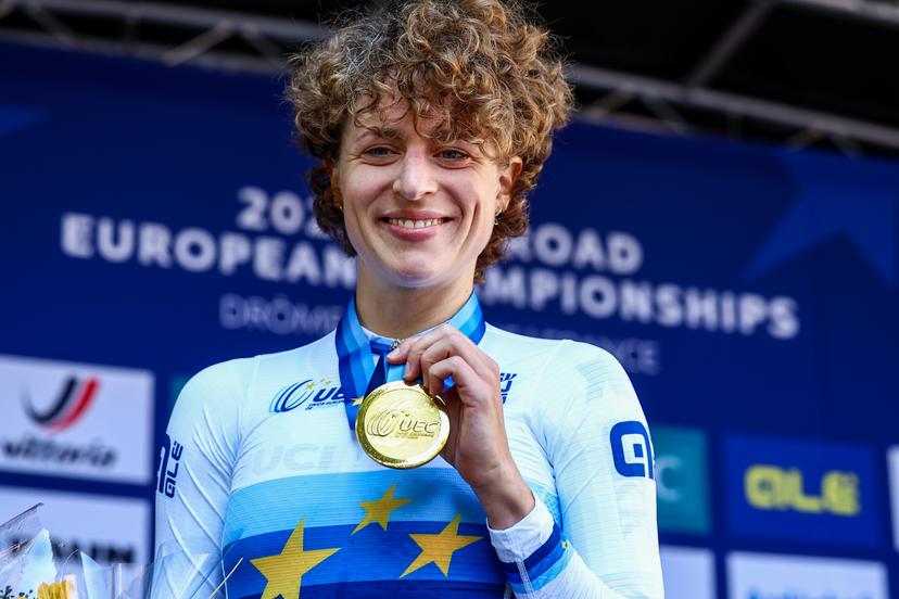 Swiss Marlen Reusser pictured on the podium after the 24 km time trial of the Women Elite category at the UEC road European cycling championships, Wednesday 01 October 2025, in Loriol-sur-Drome, France. The European cycling championships Drome-Ardeche takes place from 1 to 5 October, France. BELGA PHOTO DAVID PINTENS