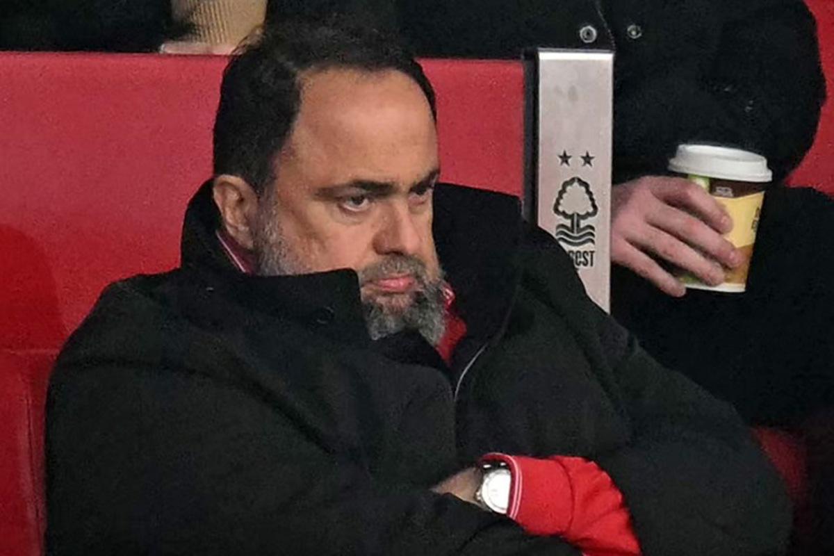 Nottingham Forest's Greek co-owner Evangelos Marinakis looks on during the English Premier League football match between Nottingham Forest and Brighton and Hove Albion at The City Ground in Nottingham, central England, on February 1, 2025.  Oli SCARFF / AFP