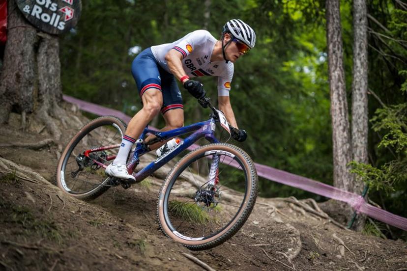 Great Britain's Charlie Aldridge competes during the Men's elite Cross-country Olympic race as part of the 2025 UCI Mountain Bike World Championships in Crans-Montana on September 14, 2025.  Fabrice COFFRINI / AFP