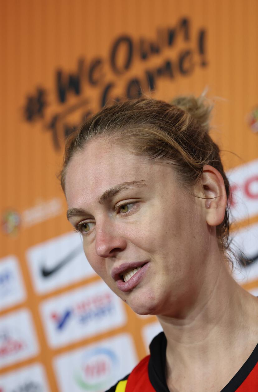 Belgium's Emma Meesseman talks to the press after a training session of Belgian national basketball team Belgian Cats, in Berlin, Germany on Thursday 3 September 2026. The FIBA Women's Basketball World Cup take place in Germany from 4 to 23 September 2026. BELGA PHOTO VIRGINIE LEFOUR