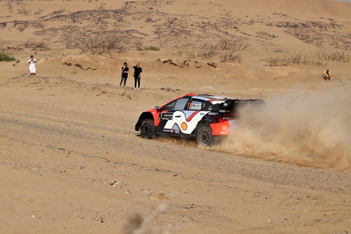 Hyundai Shell Mobis World Rally Team's Belgian driver Thierry Neuville and his co-driver Martijn Wydaeghe compete in their Hyundai i20 during stage 5 of the FIA World Rally Championship (WRC) in Jeddah on November 27, 2025.  Fayez Nureldine / AFP
