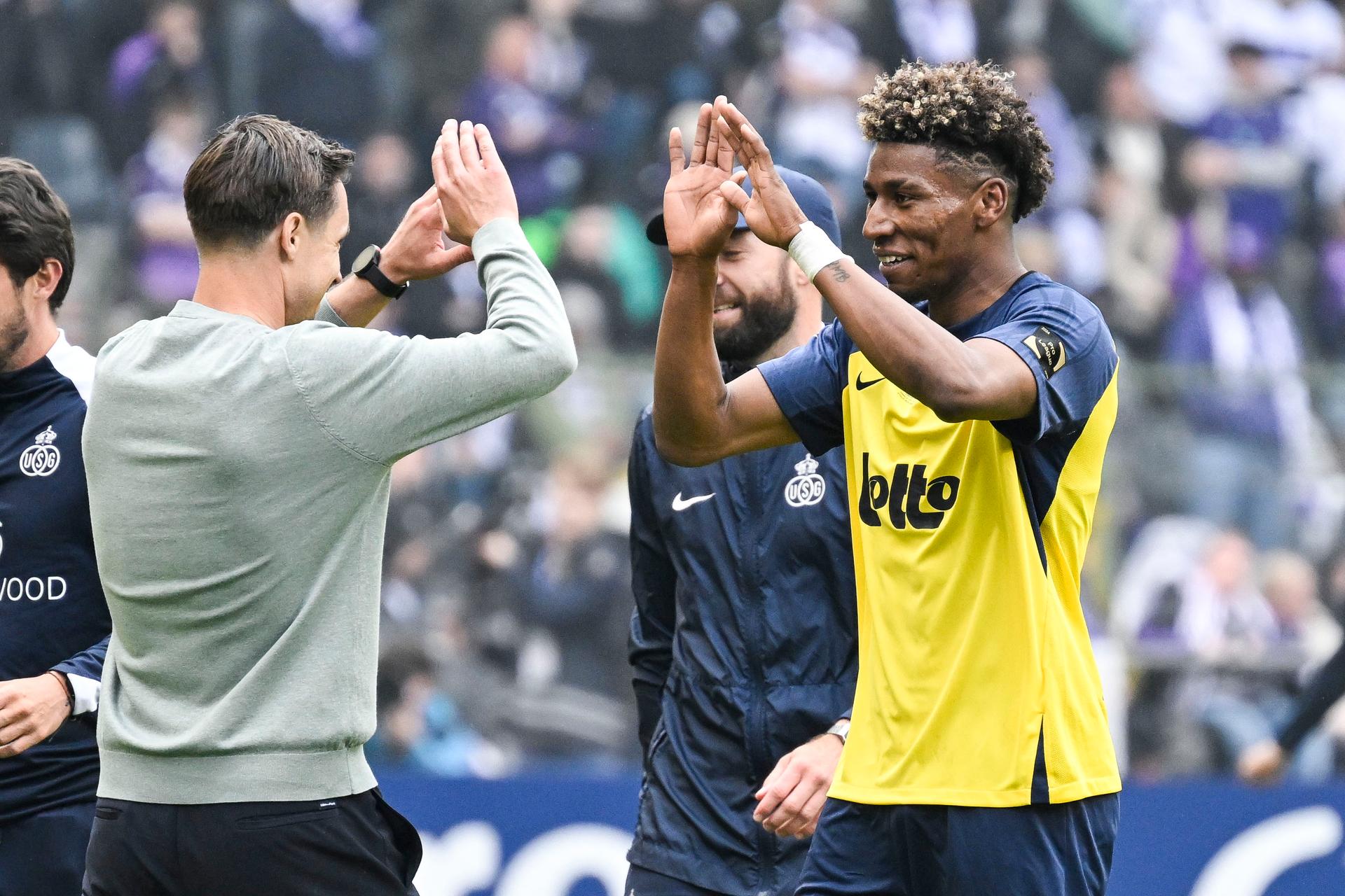 Union's head coach David Hubert and Union's Kevin Rodriguez celebrate after scoring during a soccer game between Royale Union Saint-Gilloise and RSC Anderlecht, Thursday 14 May 2026 in Brussels, the final of the 'Croky Cup' Belgian soccer cup. BELGA PHOTO TOM GOYVAERTS