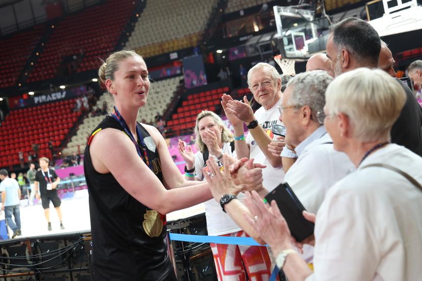 Belgium's Emma Meesseman celebrates after winning a basketball match between Spain and Belgian national team 'the Belgian Cats' on Sunday 29 June 2025 in Piraeus, Greece, the final of the FIBA Women's EuroBasket 2025.  BELGA PHOTO VIRGINIE LEFOUR