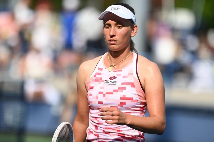 Belgian tennis player Elise Mertens reacts while playing against Veronica Kudermetova representing Russia during Women's Singles round one of the U.S. Open tennis tournament at USTA Billie Jean King National Tennis Center, New York, NY, August 26, 2024. (Photo by Anthony Behar/Sipa USA)