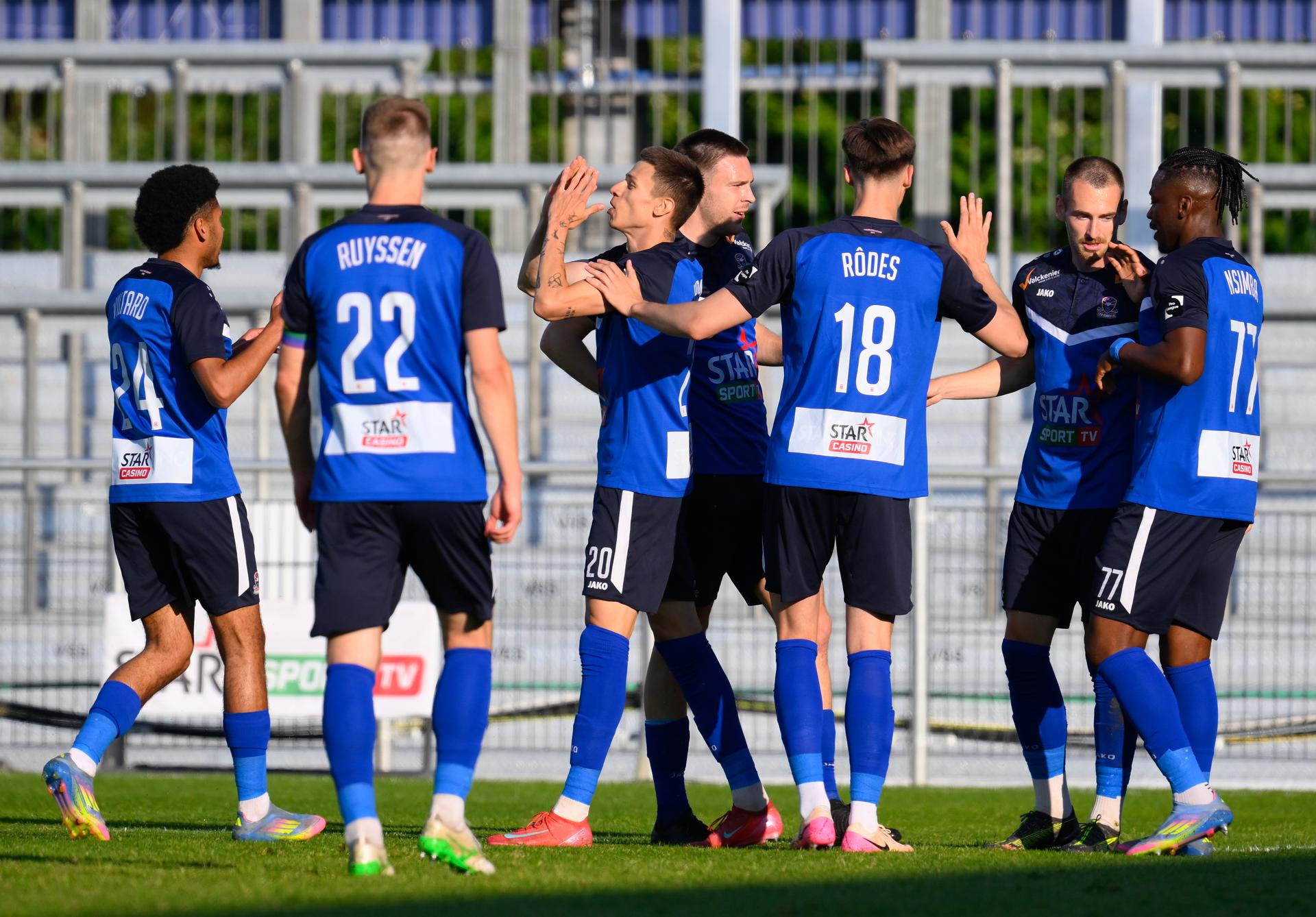 Dender's David Hrncar celebrates after scoring during a soccer match between FCV Dender EH and OH Leuven, Sunday 11 May 2025 in Denderleeuw, on day 8 (out of 10) of the Europe Play-offs of the 2024-2025 'Jupiler Pro League' first division of the Belgian championship. BELGA PHOTO JOHN THYS
