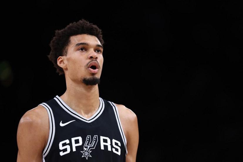 San Antonio Spurs' French forward-center #01 Victor Wembanyama reacts  during the NBA basketball game between the San Antonio Spurs and the Indiana Pacers at the Accor Arena - Palais Omnisports de Paris-Bercy - in Paris on January 25, 2025.  FRANCK FIFE / AFP