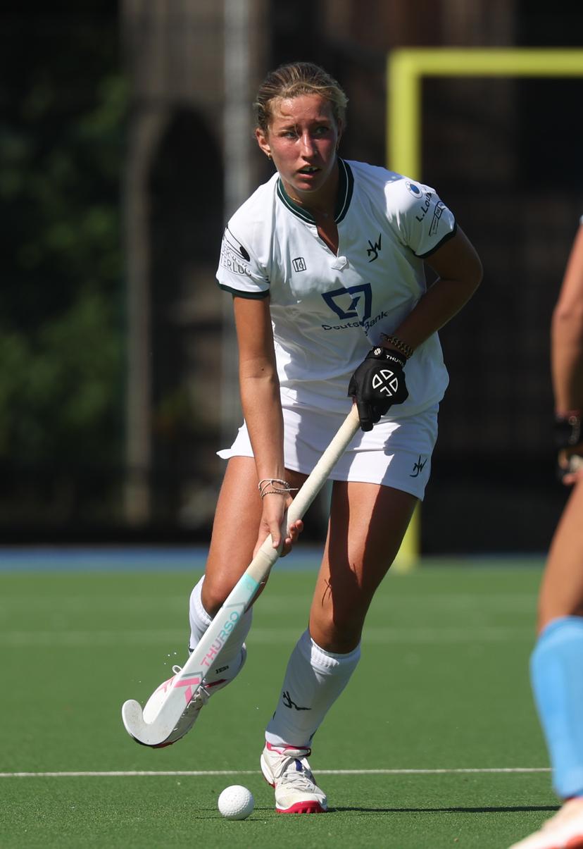 Watduck's Agathe Favart pictured in action during a hockey game between Braxgata and Waterloo Ducks, Saturday 06 September 2025 in Boom, on day 1 of the Belgian Women Hockey League season 2025-2026. BELGA PHOTO VIRGINIE LEFOUR