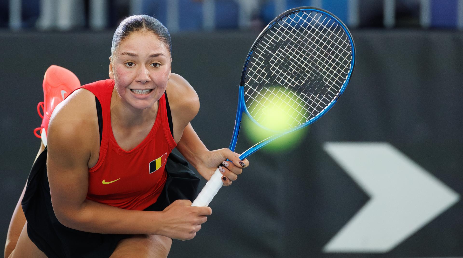 Belgian Sofia Costoulas pictured during the first game between Belgian Costoulas and Turkish Aksu in the Billie Jean King Cup Play-offs, between Belgium and Turkey, on Saturday 15 November 2025 in Ismaning, Germany. PHOTO BENOIT DOPPAGNE