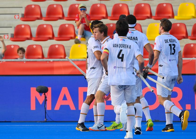 Belgium's Tom Boon celebrates after scoring during a hockey game between Belgian national team Red Lions and The Netherlands, Saturday 27 June 2026 in Wavre, match 15/16 in the group stage of the men's FIH Pro League competition. BELGA PHOTO JOHN THYS