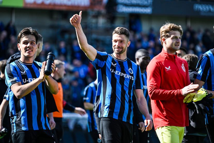 Club's Ardon Jashari and Club's Brandon Mechele celebrate after winning a soccer match between Club Brugge and RSC Anderlecht, Sunday 30 March 2025 in Brugge, on day 1 (out of 10) of the Champions' Play-offs of the 2024-2025 'Jupiler Pro League' first division of the Belgian championship. BELGA PHOTO TOM GOYVAERTS