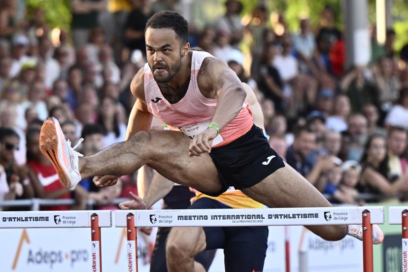 Belgian Michael Obasuyi pictured in action during the 100M hurdles at the 2026 edition of the 'Meeting International d'Athletisme de la Province de Liege' athletics event in Liege, Wednesday 15 July 2026.  BELGA PHOTO ERIC LALMAND