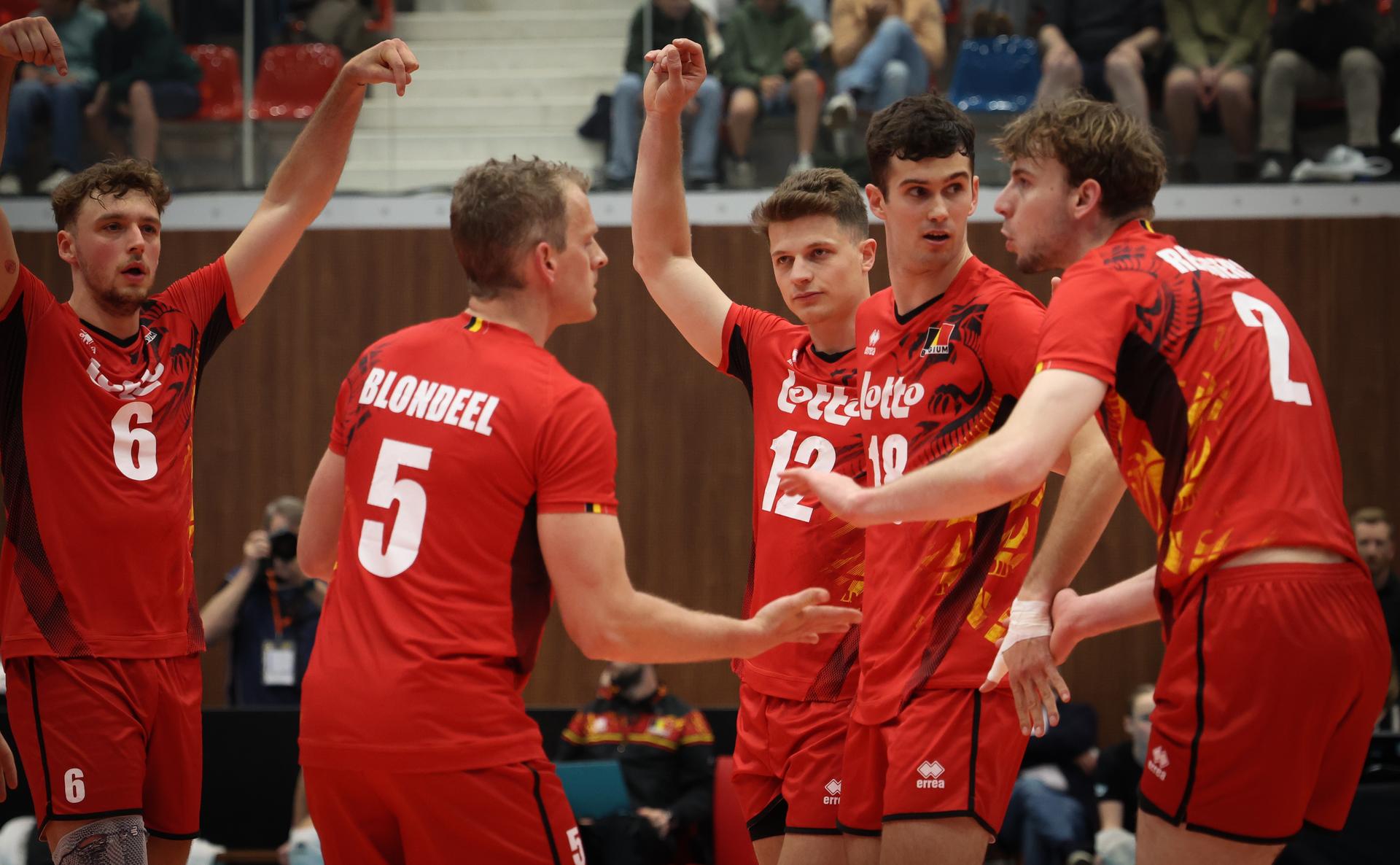 Belgium's players pictured during a volleyball match between Belgium's national men's volleyball team, the Red Dragons, and the Azeri national men's volleyball team, in match 3/6 of the League Round of the European Golden League men, in Beveren, Friday 24 May 2024. BELGA PHOTO VIRGINIE LEFOUR