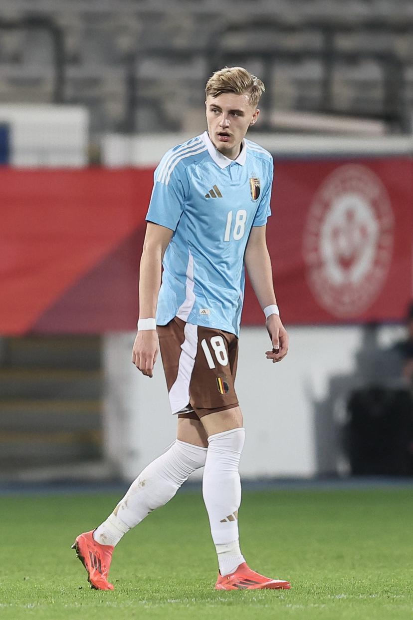 Belgium's Norman Bassette pictured during a soccer game between the U21 youth team of the Belgian national team Red Devils and the U21 of Czechia, in Heverlee, Leuven, on Friday 15 November 2024, the first leg of the play-offs for the 2025 UEFA European Under21 Championship. BELGA PHOTO BRUNO FAHY