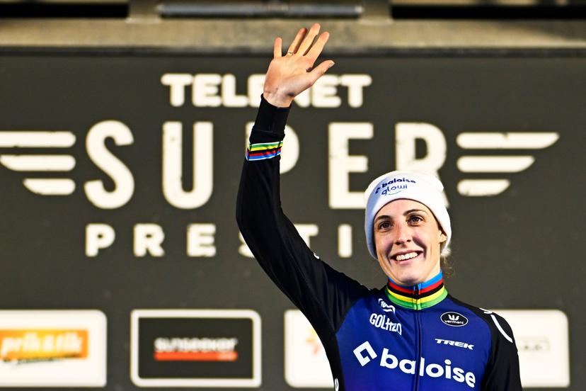 Dutch Lucinda Brand celebrates on the podium after winning the women's race of the Superprestige Merksplas cyclocross event, fourth stage (4/8) of the Superprestige cyclocross cycling competition, Saturday 15 November 2025, in Merksplas. BELGA PHOTO JASPER JACOBS