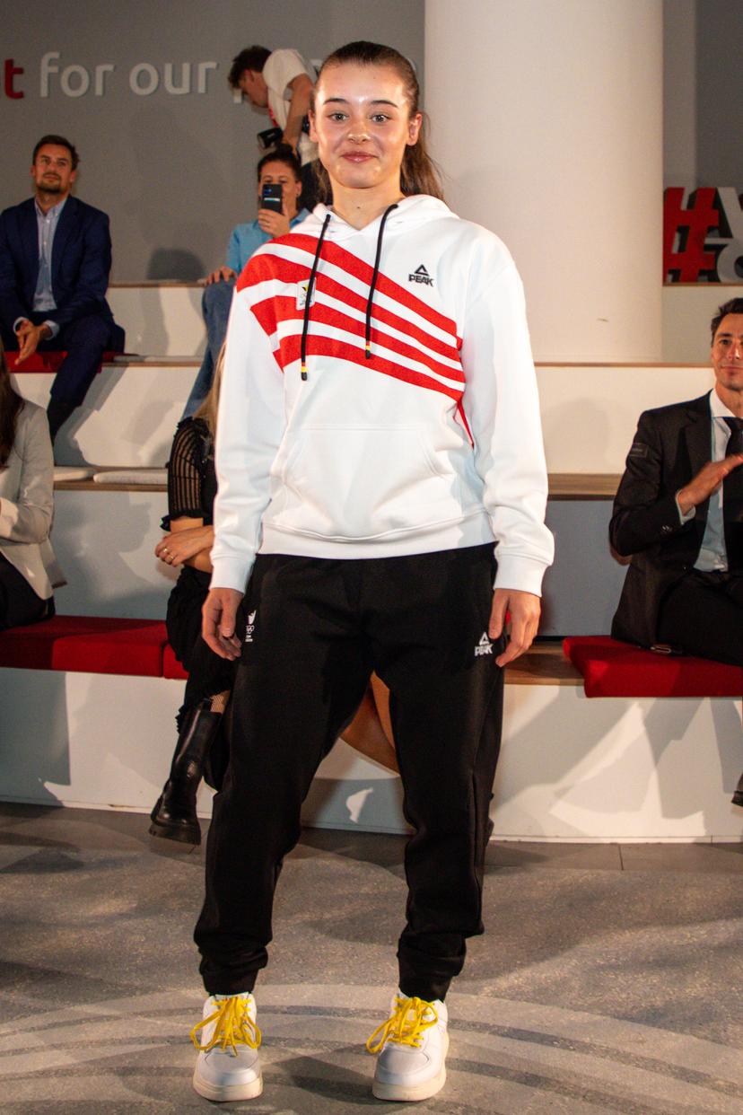 Sky Remans pictured on the catwalk at the presentation of the official Belgian outfit of 'Team Belgium' for the Milano Cortina 2026 Olympic and Paralympic Games, at the gala event 'Styled to the Winter Games' of the BOIC-COIB Belgian olympic committee, Thursday 16 October 2025, in Zaventem. BELGA PHOTO ZENO DRUYTS