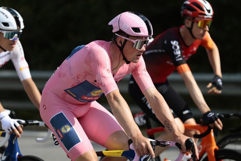 Pink jersey Lidl-Trek's Danish rider Mads Pedersen rides in the pack during the 5th stage of the 108th Giro d'Italia cycling race 151kms from Ceglie Messapica to Matera on May 14, 2025.  Luca Bettini / AFP