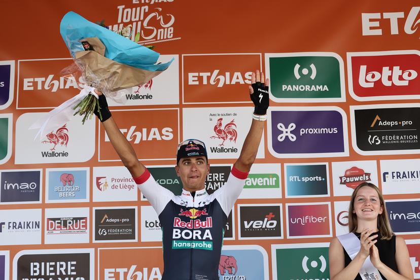 Italian Davide Donati (Red Bull Bora Hansgrohe) celebrates on the podium after winning the third stage of the Tour De Wallonie cycling race, from Estinnes to Antoing (165,3km), on Monday 28 July 2025. BELGA PHOTO BRUNO FAHY