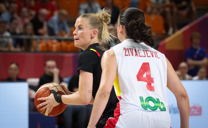 Belgium's Julie Vanloo fights for the ball during the second game in the group stage (group C) between Montenegro and Belgian national women team 'the Belgian Cats', in Brno, Czech Republlic, on Friday 20 June 2025, at the FIBA Women's EuroBasket 2025. BELGA PHOTO VIRGINIE LEFOUR