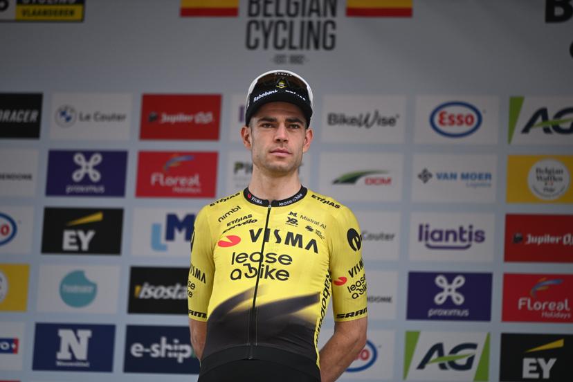 Belgian Wout van Aert celebrates on the podium after finishing second at the elite race at the Belgian Gravel Championships, Sunday 16 August 2026 in Grobbendonk. BELGA PHOTO ELIAS ROM