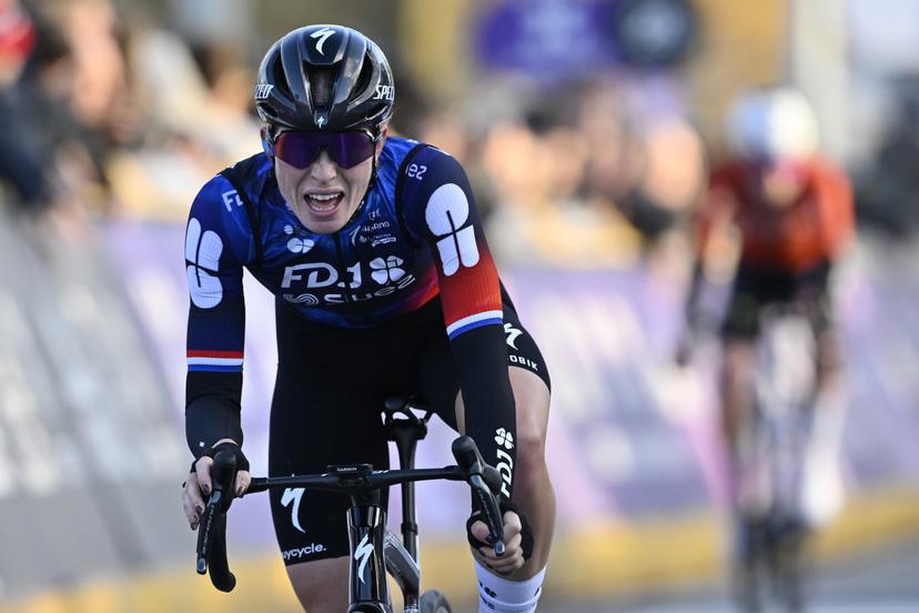 Dutch Demi Vollering of FDJ-Suez crosses the finish line of the women's one-day cycling race Omloop Het Nieuwsblad (UCI World Tour), 137,9km from Gent to Ninove, Saturday 01 March 2025. BELGA PHOTO DIRK WAEM
