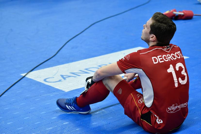 Belgium's Tom Degroote reacts during the hockey match between Belgium and Austria, the finals of the EuroHockey Indoor Championship, in Antwerp, Sunday 14 January 2018. BELGA PHOTO JOHN THYS