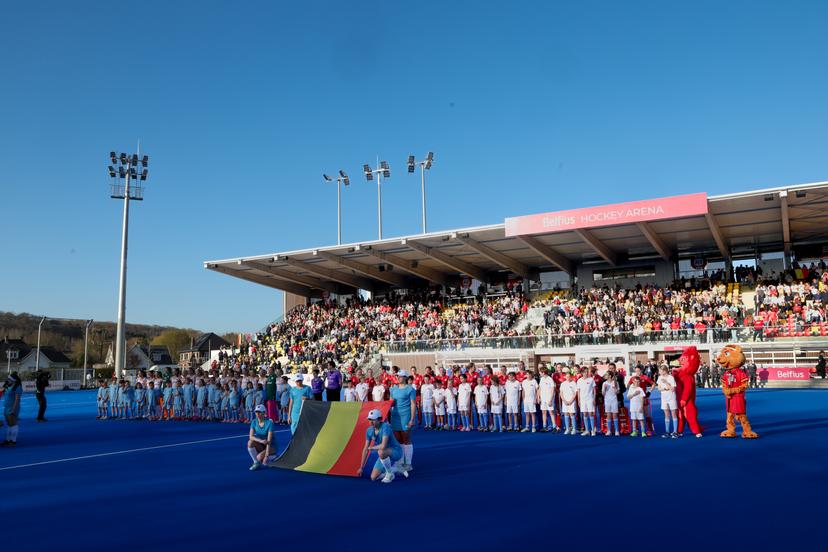 Netherlands and Belgium's teams pictured before a friendly game between Belgium national women team Red Panthers and The Netherlands, at the new Belfius Arena, in Wavre, Wednesday 01 April 2026. The stadium is the first facility of its kind in Belgium to be entirely dedicated to field hockey and will host the FIH Hockey World Cup 2026.  BELGA PHOTO VIRGINIE LEFOUR