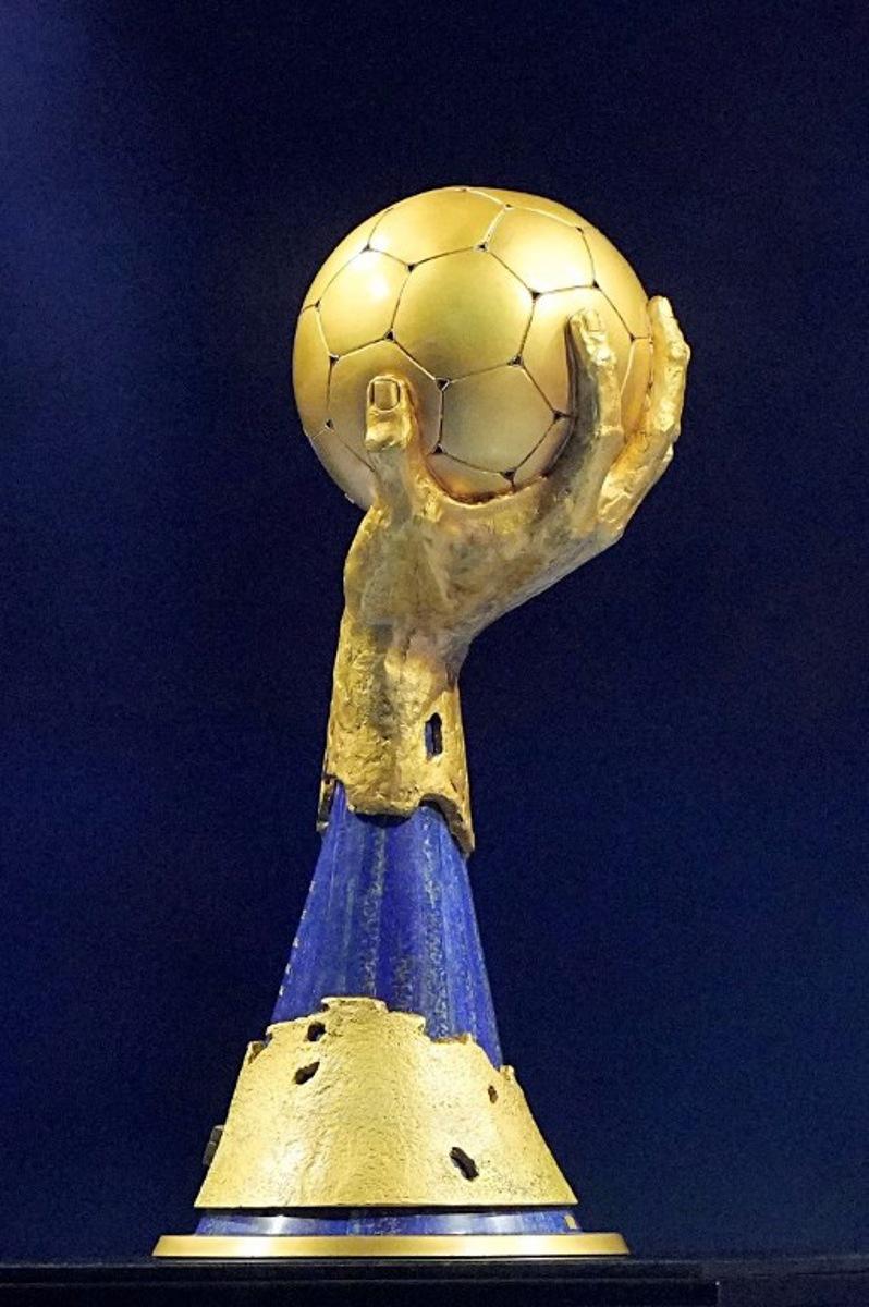 The IHF World Championship trophy is displayed prior to the Preliminary Round Group B match between Denmark and Algeria of the IHF Men's Handball World Championship in Herning, Denmark on January 14, 2025.  Bo Amstrup / Ritzau Scanpix / AFP