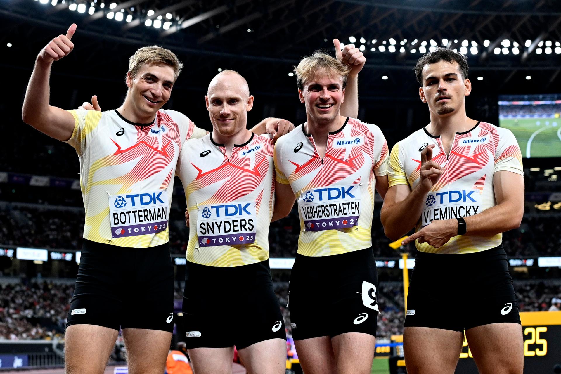Belgian Emiel Botterman, Belgian Antoine Snyders, Belgian Simon Verherstraeten and Belgian Kobe Vleminckx celebrate a Belgian record after the heats of the men's 4x100m relay race, at the World Athletics Championships in Tokyo, Japan, on Saturday 20 September 2025. The outdoor Worlds are taking place from 13 to 21 September. BELGA PHOTO JASPER JACOBS
