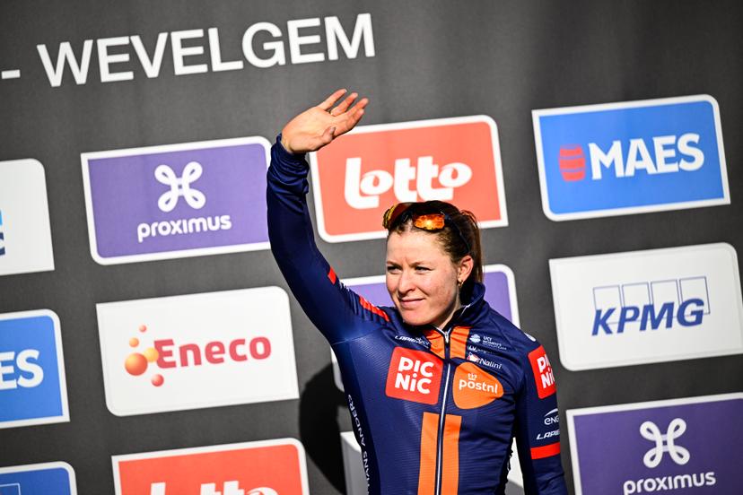 Dutch Charlotte Kool of Team Picnic PostNL pictured on the podium after the women elite 'Gent-Wevelgem - In Flanders Fields' one day cycling race, 169.1 km from Ieper to Wevelgem, Sunday 30 March 2025. BELGA PHOTO JASPER JACOBS