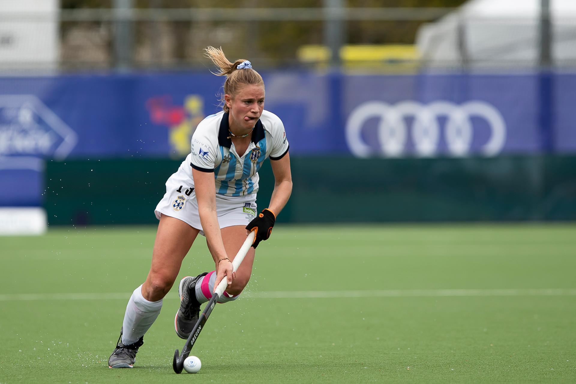 Gantoise's Alix Gerniers pictured in action during a women hockey game between Gantoise and Dragons, the women first leg of the final of the play-offs of the Belgian first division hockey championship, Saturday 08 May 2021 in Antwerp. BELGA PHOTO KRISTOF VAN ACCOM