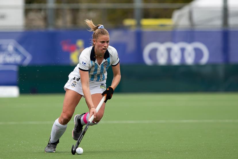 Gantoise's Alix Gerniers pictured in action during a women hockey game between Gantoise and Dragons, the women first leg of the final of the play-offs of the Belgian first division hockey championship, Saturday 08 May 2021 in Antwerp. BELGA PHOTO KRISTOF VAN ACCOM