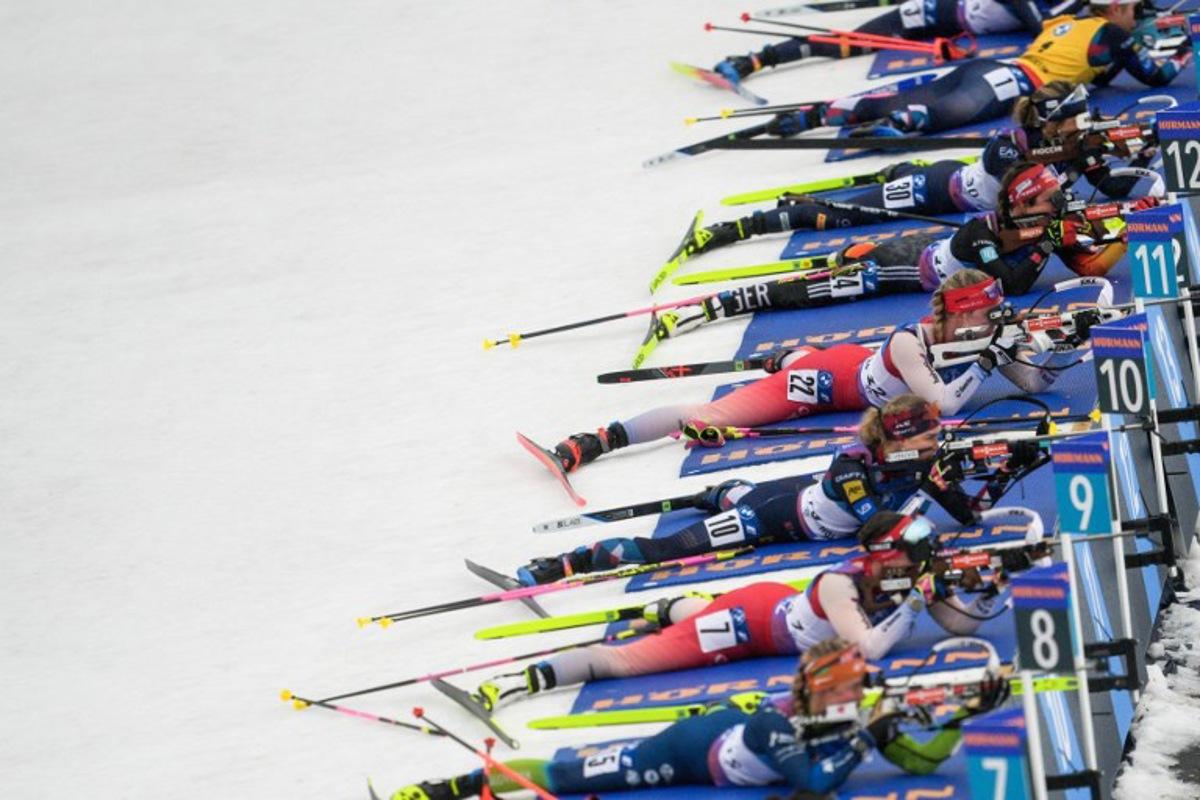 Biathletes compete at the shooting range during the women's 12,5 km mass start event of the Biathlon World Cup in Holmenkollen, Oslo on March 2, 2024.  Javad Parsa / NTB / AFP