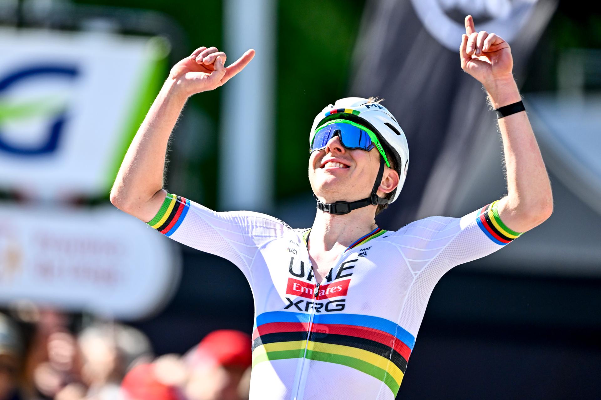 Slovenian Tadej Pogacar of UAE Team Emirates celebrates after winning the men elite race of the Liege-Bastogne-Liege one day cycling event, 252km from Liege, over Bastogne to Liege, Sunday 27 April 2025. BELGA PHOTO ERIC LALMAND