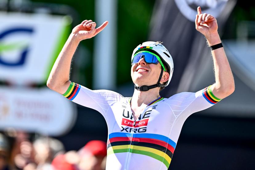 Slovenian Tadej Pogacar of UAE Team Emirates celebrates after winning the men elite race of the Liege-Bastogne-Liege one day cycling event, 252km from Liege, over Bastogne to Liege, Sunday 27 April 2025. BELGA PHOTO ERIC LALMAND