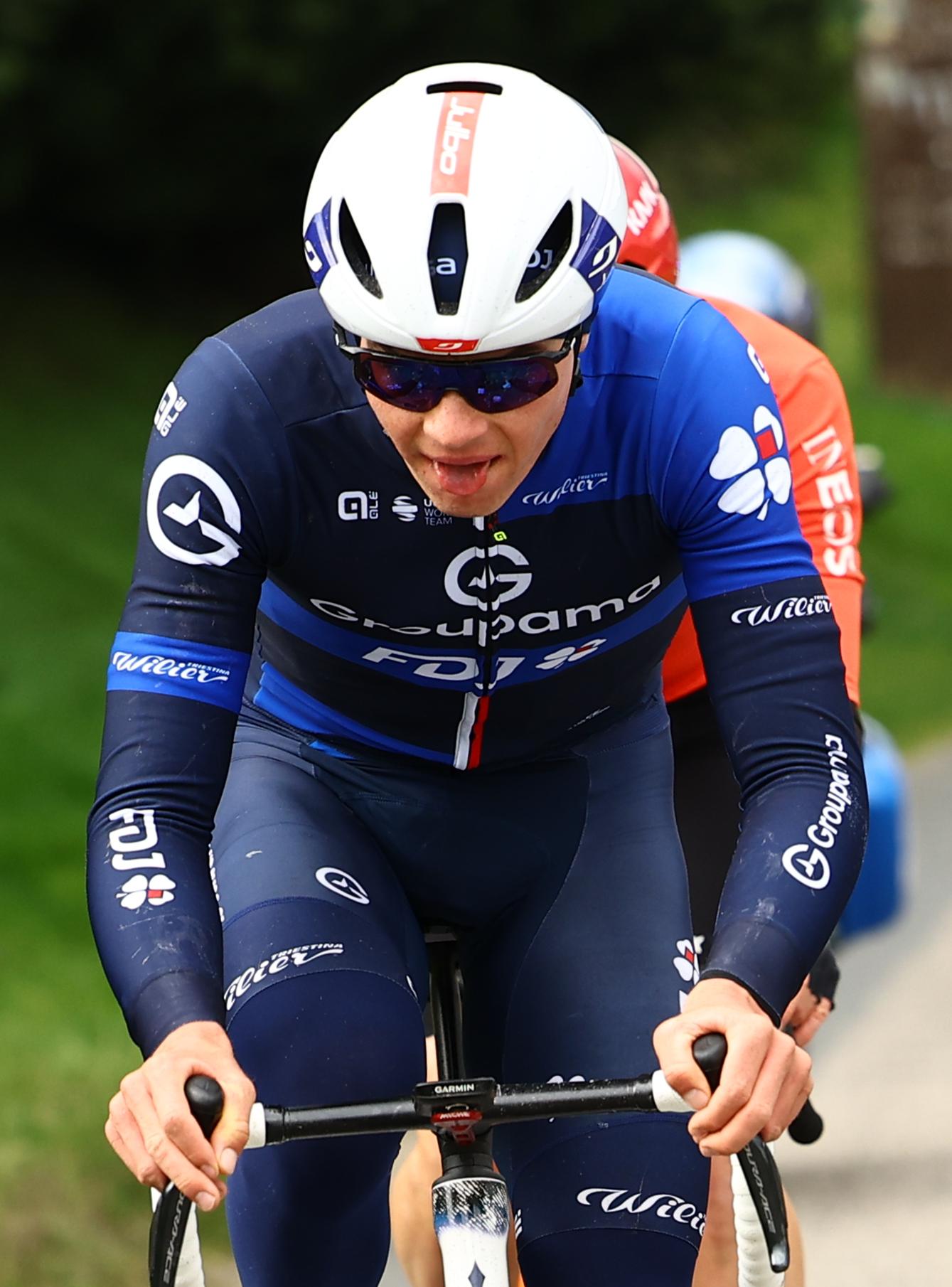 French Thibaud Gruel of Groupama-FDJ pictured in action during stage five of the 83th edition of the Paris-Nice cycling race, 196,5 km from Saint-Just-en-Chevalet to La Cote-Saint-Andre, France, Thursday 13 March 2025. BELGA PHOTO DAVID PINTENS